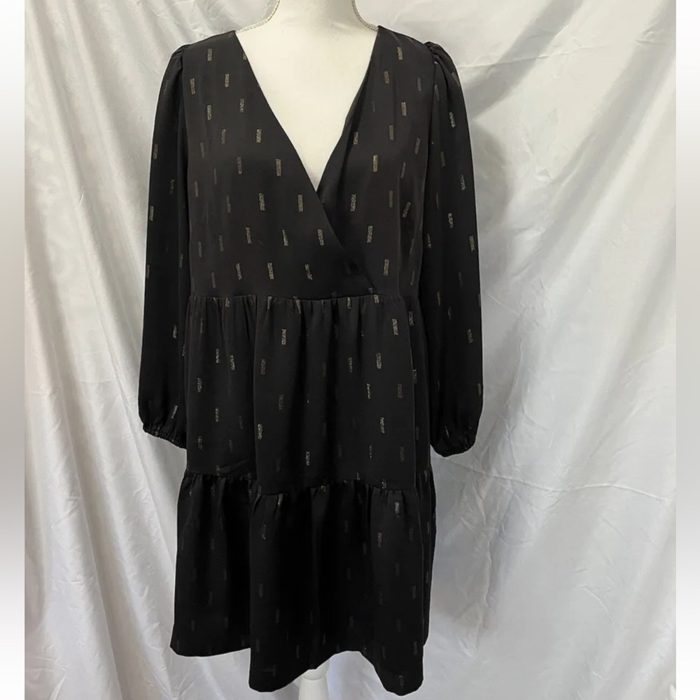 Madewell Black Metallic Jacquard Faux-Wrap Tiered Mini Dress
